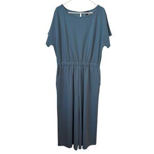 Ann Taylor Womens Blue Short Sleeve Jumpsuit Size 16 Pockets Elastic Waistband